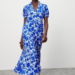 Zara Printed Tiered Dress, Color: Ecru/Blue, Size Medium